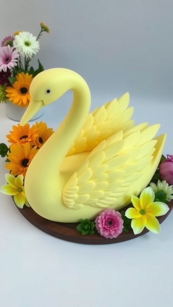 A detailed butter sculpture of a swan on a wooden platter, surrounded by flowers.
